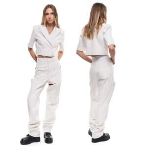 NWT KSENIASCHNAIDER Slim Cutout Straight Leg Wader Jeans cream Women's Size XS